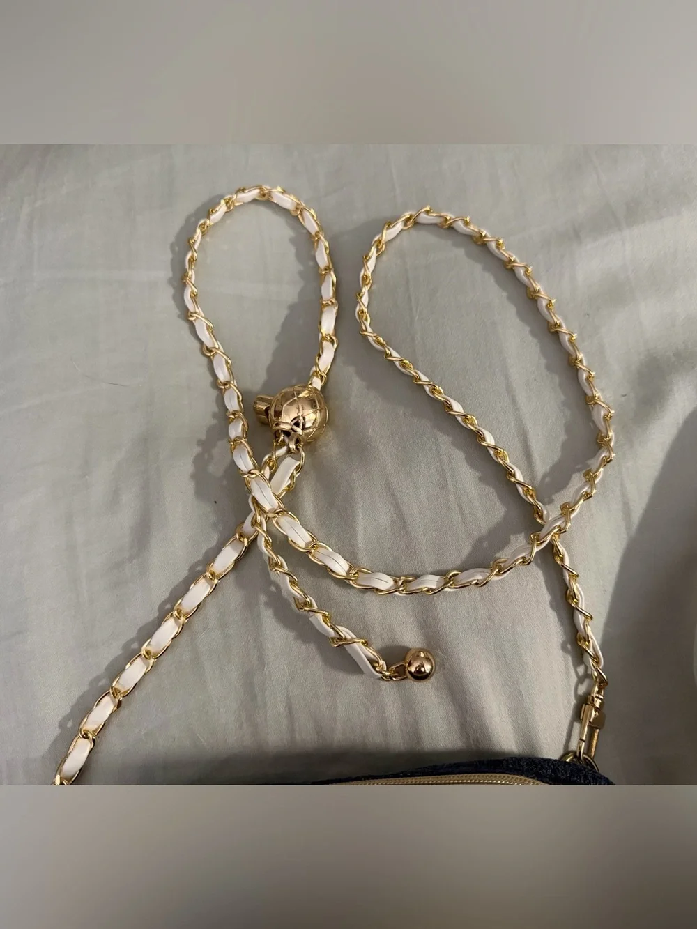 Authentic Chanel Beaute denim cosmetic pouch with white/gold standard chain